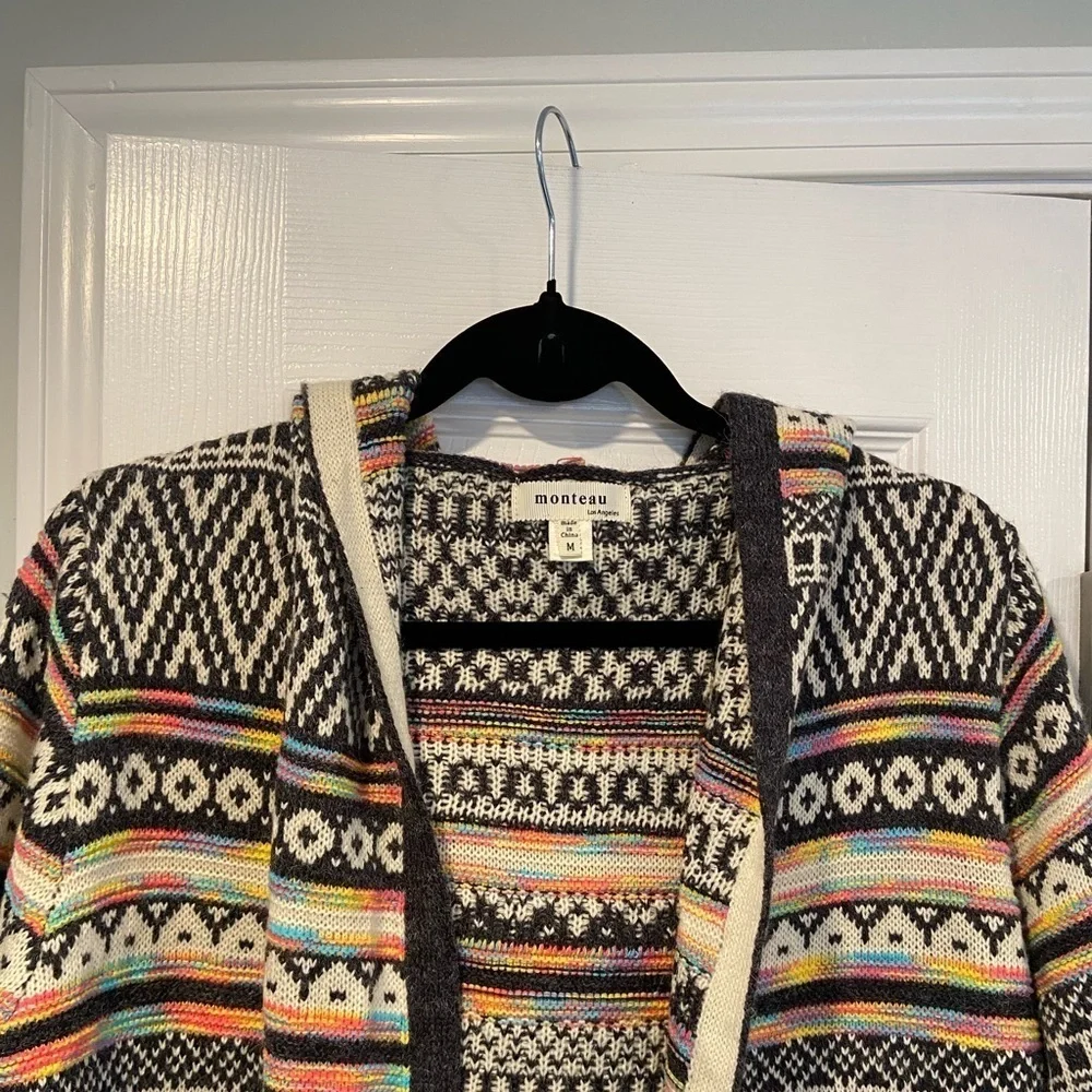 Monteau Size M Neon Stripe Black Cream Aztec Knit Open Front Hooded Cardigan